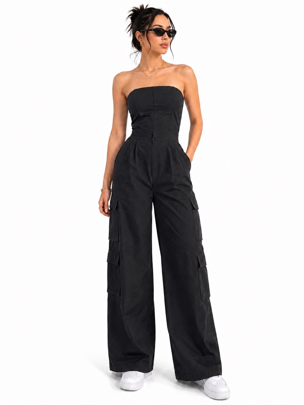 J for Justify Cargo Black Strapless Jumpsuit Women’s Large NWT Wide Leg - Picture 12 of 12